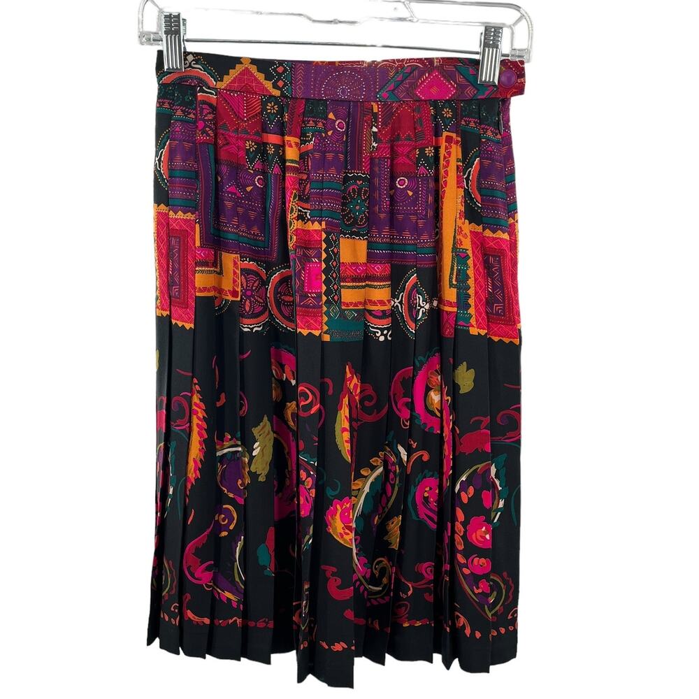 Vintage Carlisle Pink Black Abstract Silk Wool Colorful Vibrant Pleated Skirt 2 - Picture 2 of 9